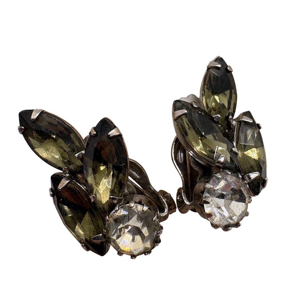 Vintage Smoky Olive Green Marquise Rhinestone Clip On Earrings‎ Silver Tone 607